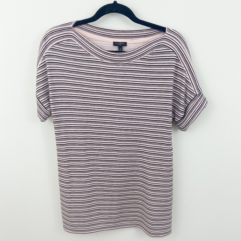 Talbots pink and black striped short sleeve shirt